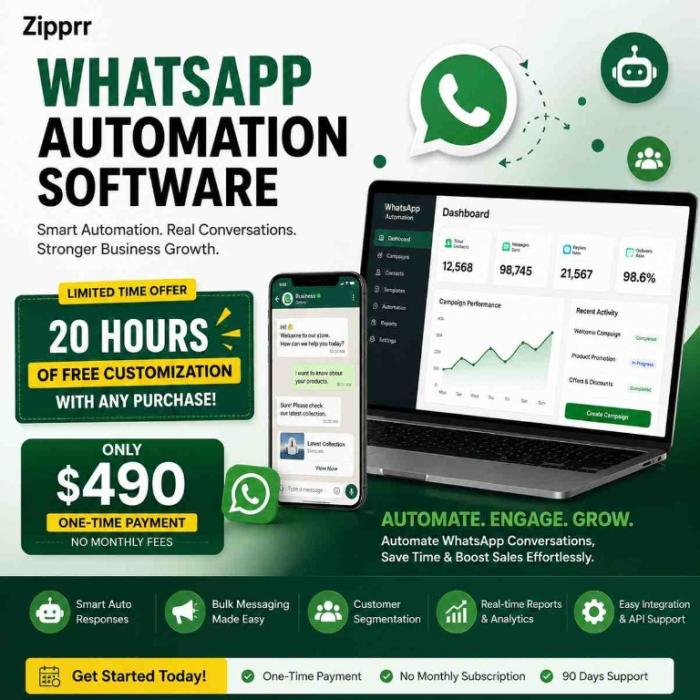 Zipprr WhatsApp Automation Software $490 — No-Code Chatbot Builder, Ready to Deploy